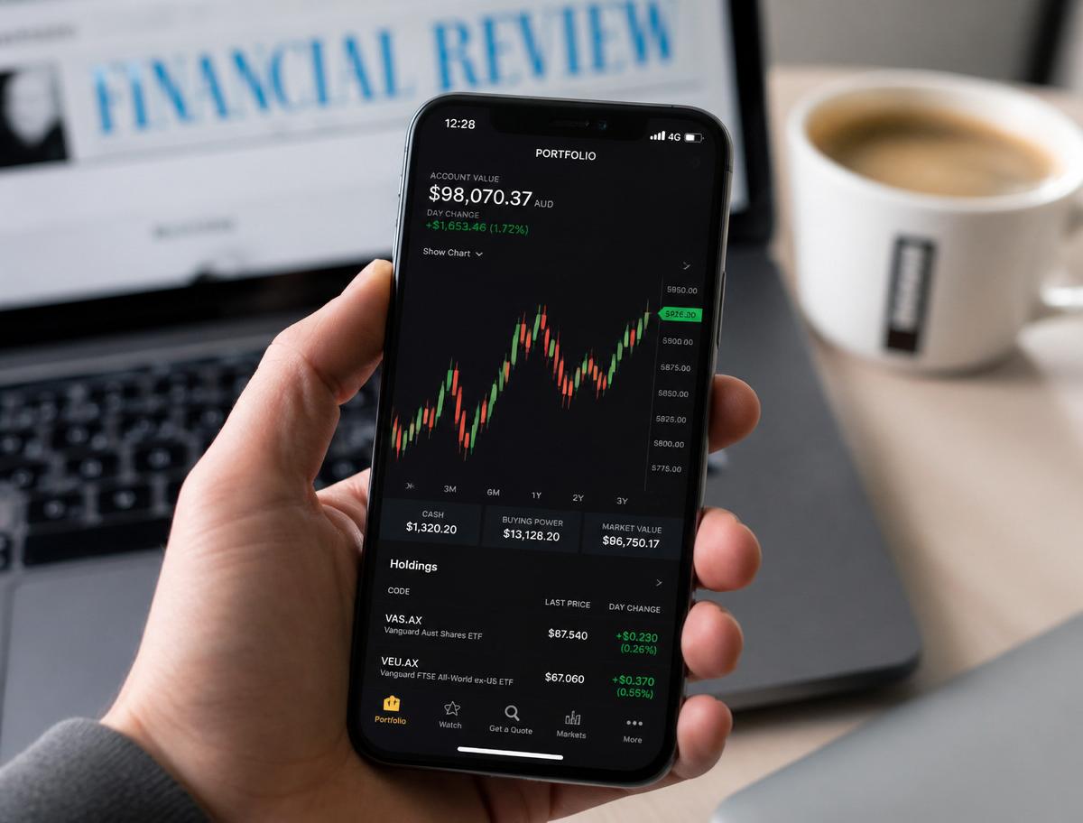 Investor tracking stock portfolio on mobile trading app